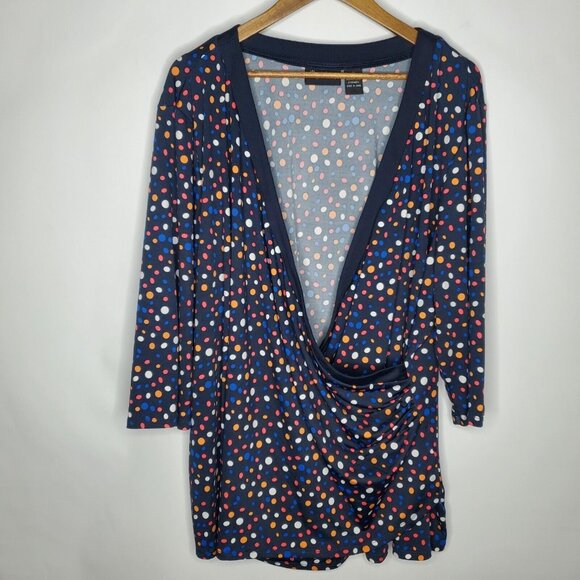 Maggie Barnes Womens Blue Polka Dot Crossover Blouse Size 2X V Neck 3/4 Sleeve - Picture 1 of 11